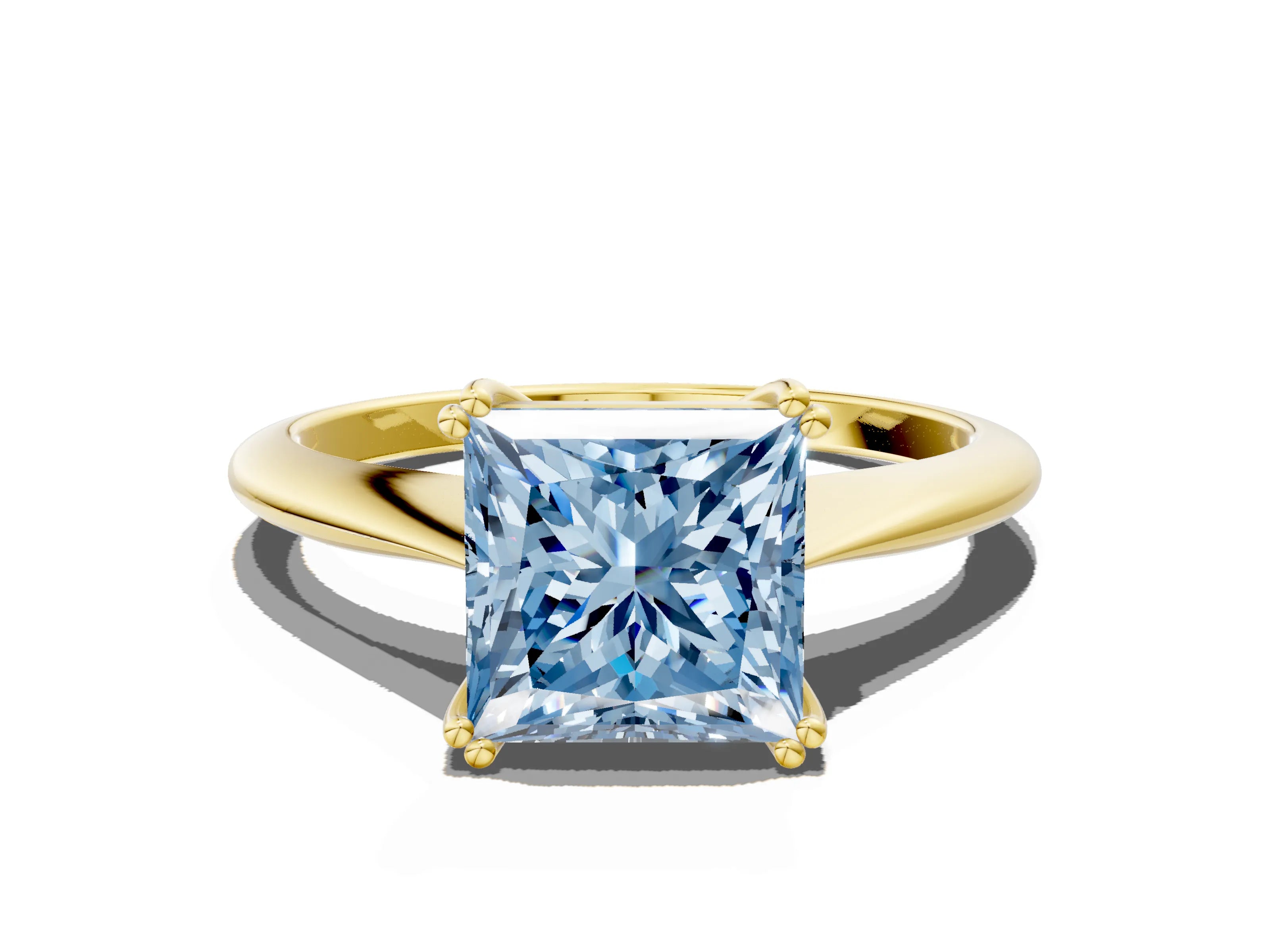 Yellow gold Fancy Blue Princess Cut Solitaire Diamond Ring with Six-Prong Setting and Classic Band