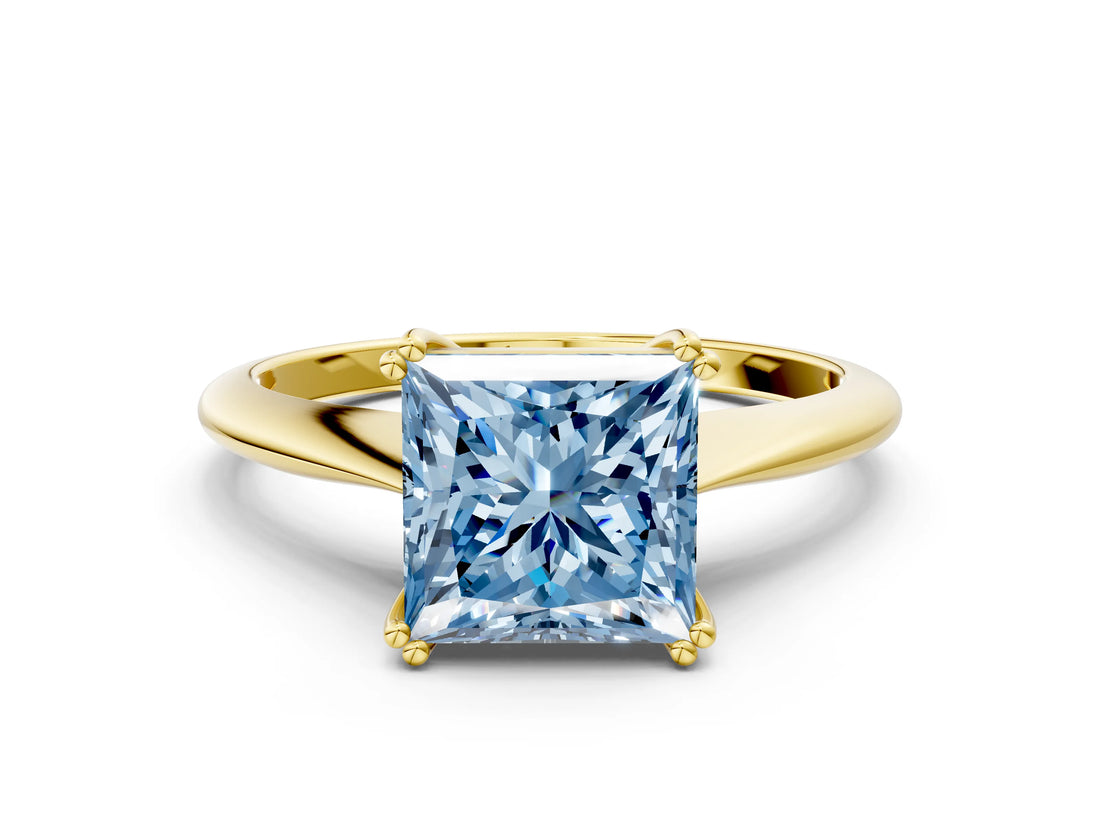 Yellow gold Fancy Blue Princess Cut Solitaire Diamond Ring with Six-Prong Setting and Classic Band_12