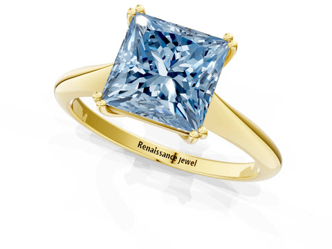 Yellow gold Fancy Blue Princess Cut Solitaire Diamond Ring with Six-Prong Setting and Classic Band_1