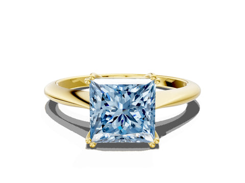Yellow gold Fancy Blue Princess Cut Solitaire Diamond Ring with Six-Prong Setting and Classic Band
