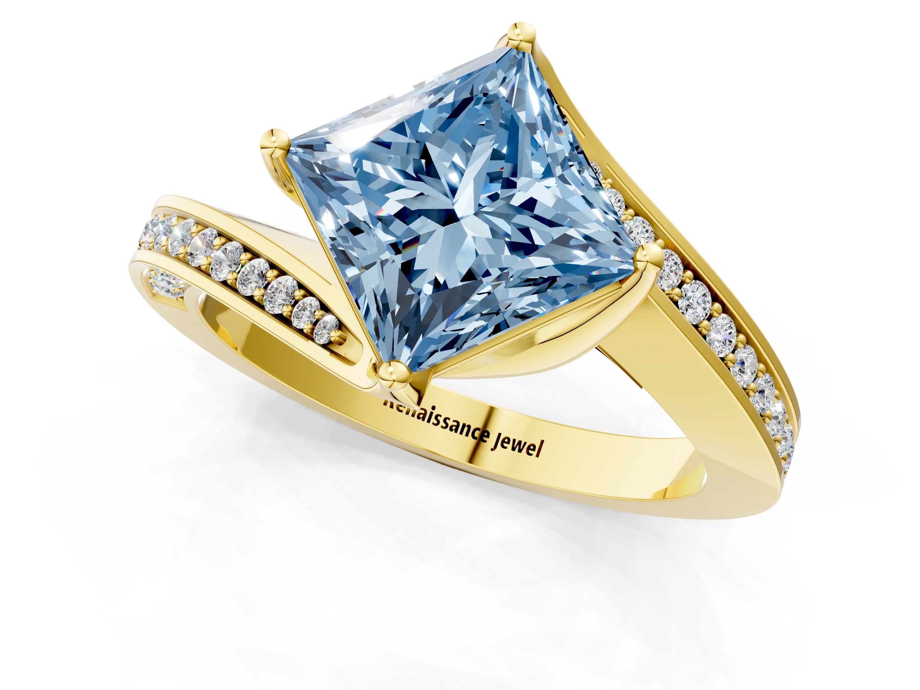 Yellow gold Fancy Blue Princess Cut Solitaire Diamond Twist Band with Pavé Setting and Four-Prong Setting_1