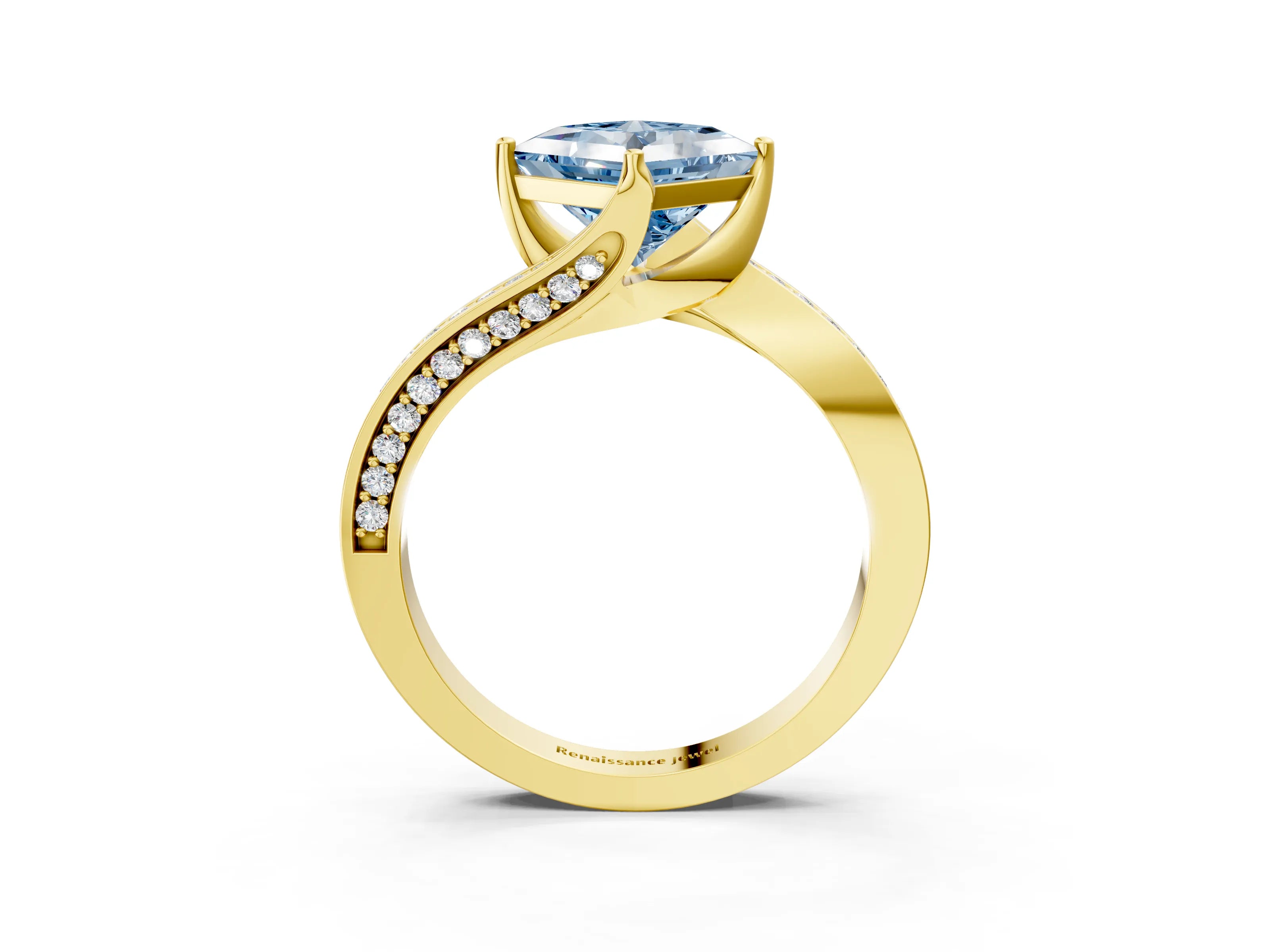 Yellow gold Fancy Blue Princess Cut Solitaire Diamond Twist Band with Pavé Setting and Four-Prong Setting_3