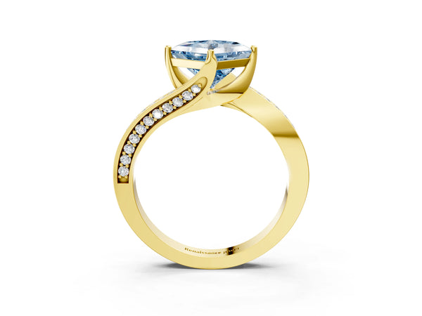 Yellow gold Fancy Blue Princess Cut Solitaire Diamond Twist Band with Pavé Setting and Four-Prong Setting