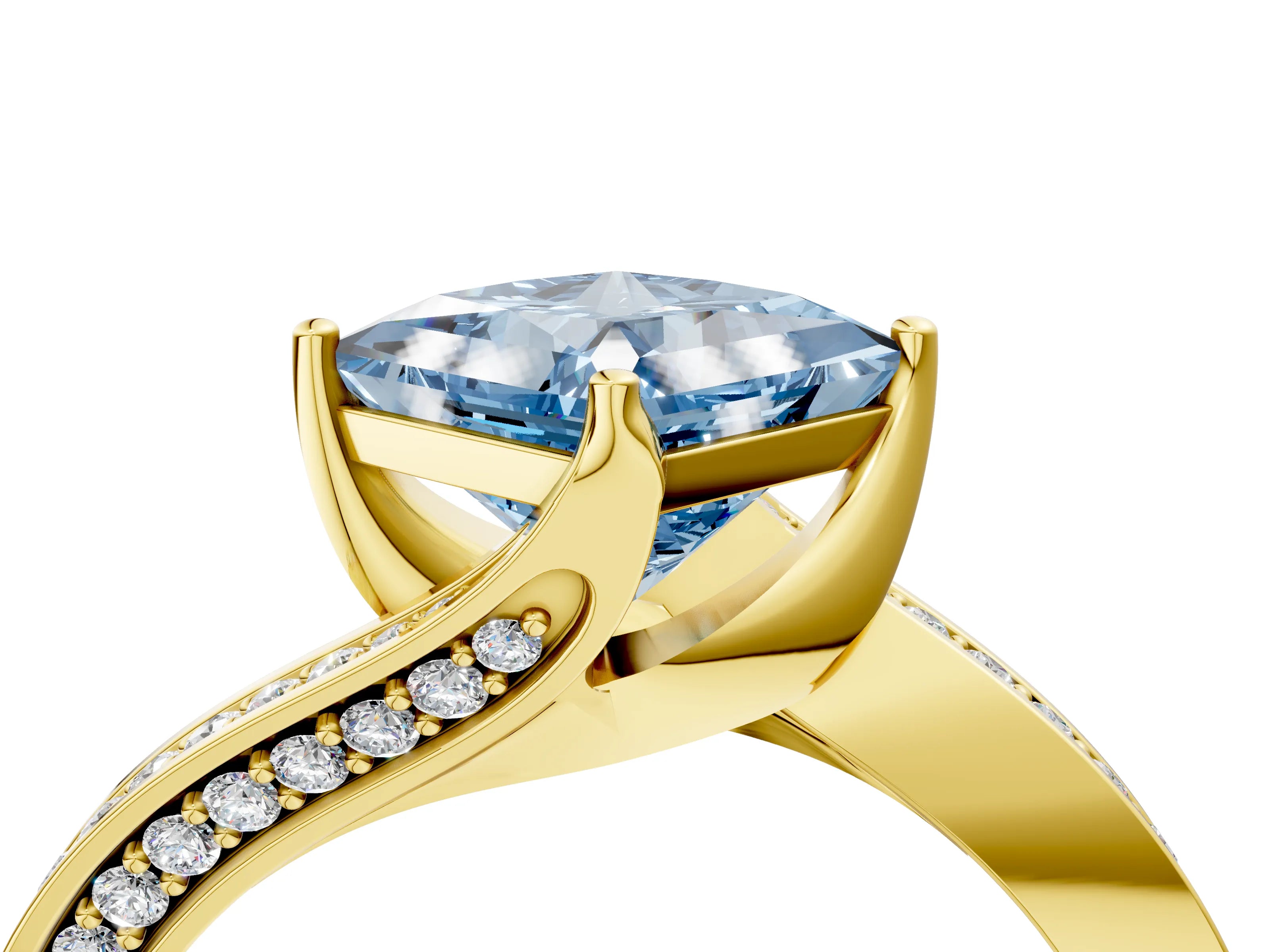 Yellow gold Fancy Blue Princess Cut Solitaire Diamond Twist Band with Pavé Setting and Four-Prong Setting_4