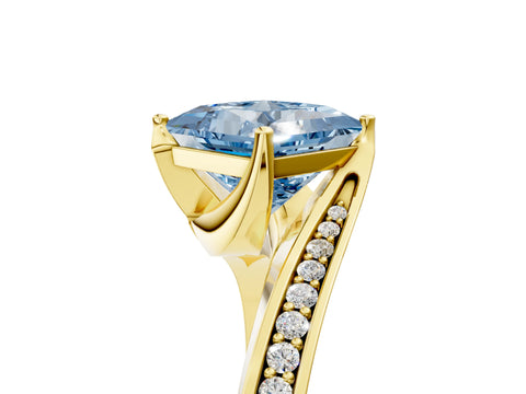Yellow gold Fancy Blue Princess Cut Solitaire Diamond Twist Band with Pavé Setting and Four-Prong Setting_5