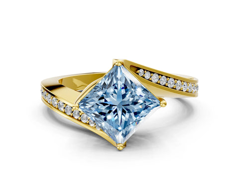 Yellow gold Fancy Blue Princess Cut Solitaire Diamond Twist Band with Pavé Setting and Four-Prong Setting