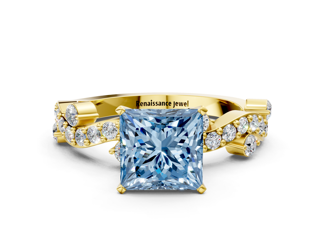 Yellow gold Fancy Blue Princess  Cut Solitaire Diamond Twisted Band with Pave Setting_59