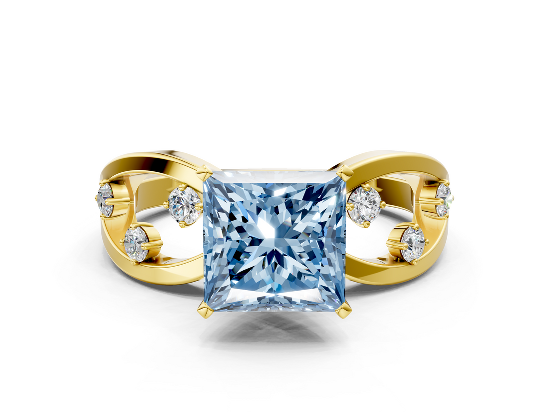 Yellow gold Fancy Blue Princess  Cut Solitaire Diamond with Side Stones on Criss-Cross Band and Four-Prong Setting_3