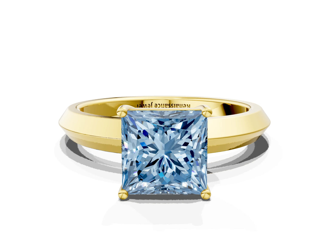 Yellow gold Fancy Blue Princess  Cut Solitaire Engagement Ring with Flat Band and Four-Prong Setting 1