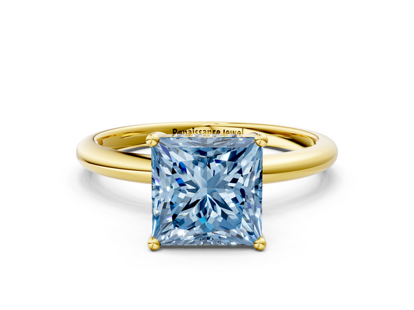 Yellow gold Fancy Blue Princess  Cut Solitaire Engagement Ring with Four-Prong Setting and Classic Band