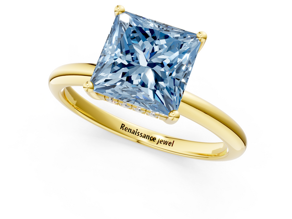 Yellow gold Fancy Blue Princess  Cut Solitaire Engagement Ring with Four-Prong Setting and Classic Band