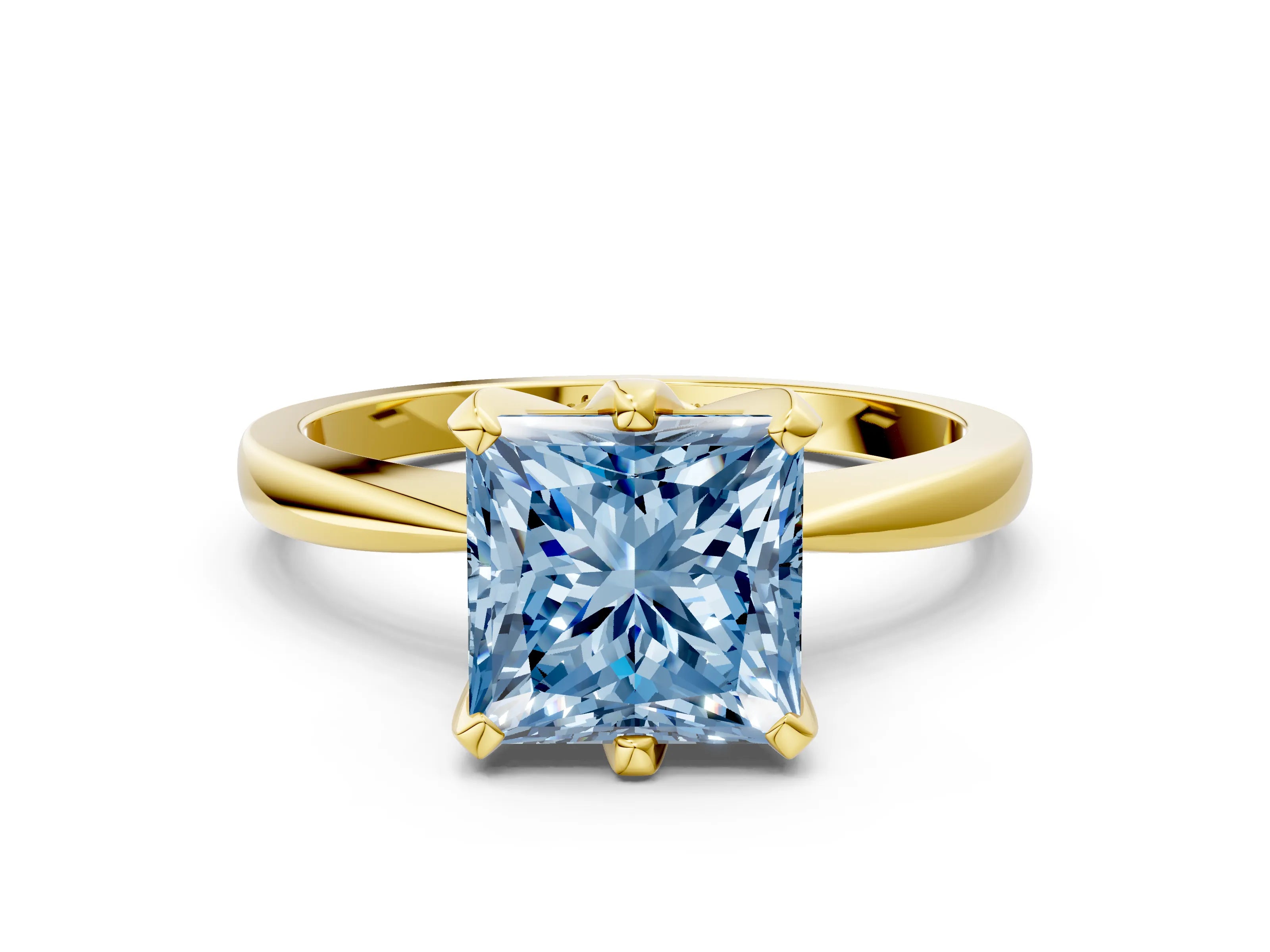 Yellow gold Fancy Blue Princess Cut Solitaire Engagement Ring with Six-Prong Setting and Tapered Band