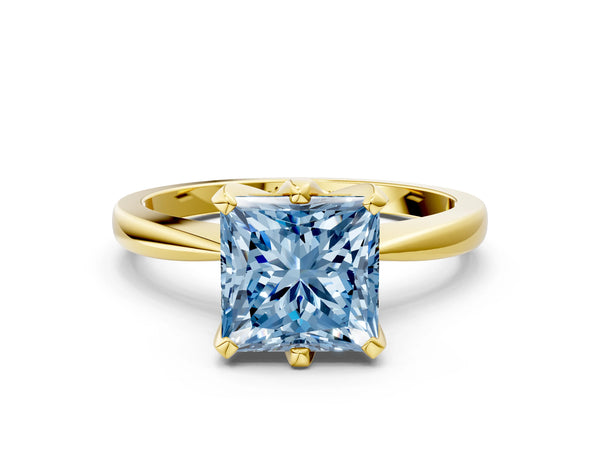 Yellow gold Fancy Blue Princess Cut Solitaire Engagement Ring with Six-Prong Setting and Tapered Band