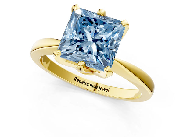 Yellow gold Fancy Blue Princess Cut Solitaire Engagement Ring with Six-Prong Setting and Tapered Band