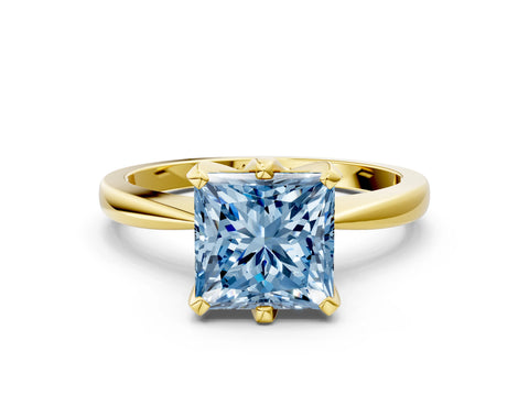 Yellow gold Fancy Blue Princess Cut Solitaire Engagement Ring with Six-Prong Setting and Tapered Band
