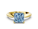 Yellow gold Fancy Blue Princess  Cut Solitaire Engagement Ring with Tapered Band and Four-Prong Setting 1