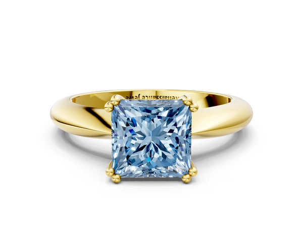 Yellow gold Fancy Blue Princess  Cut Solitaire Engagement Ring with Tapered Band and Four-Prong Setting