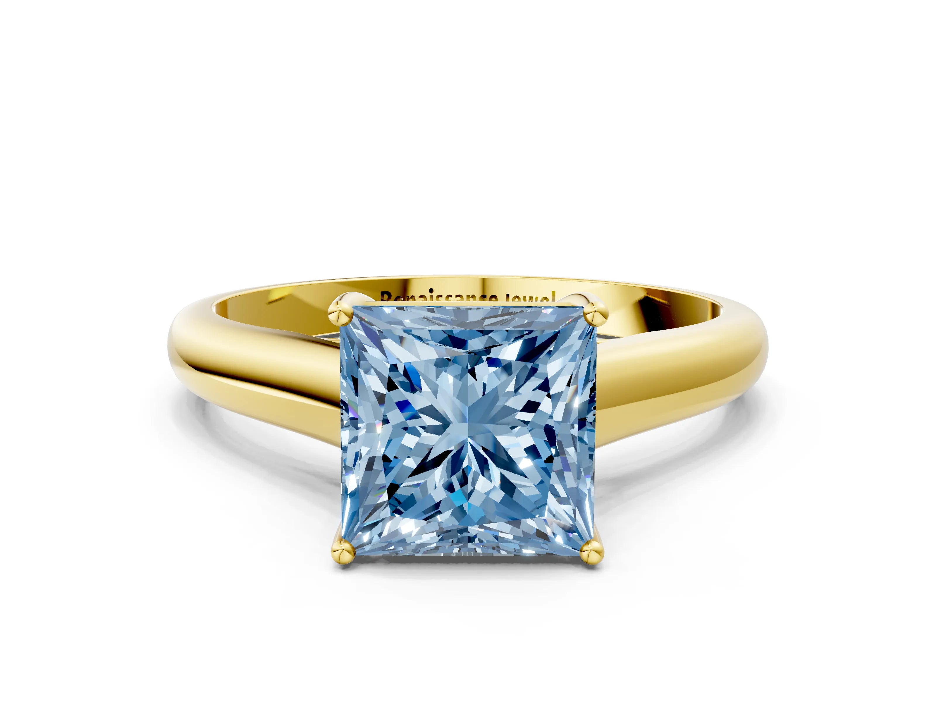 Yellow gold Fancy Blue Princess Cut Solitaire Engagement Ring with Tapered Band and Four-Prong Setting_3