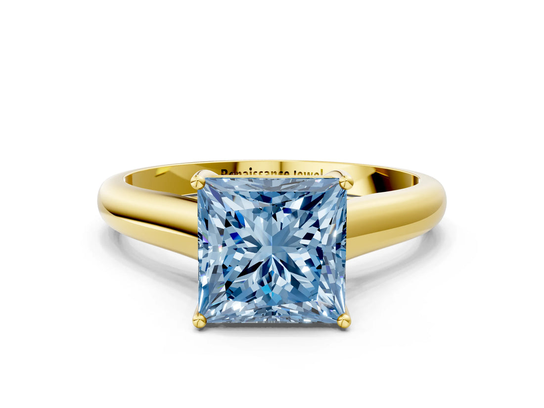 Yellow gold Fancy Blue Princess Cut Solitaire Engagement Ring with Tapered Band and Four-Prong Setting_3