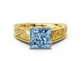 Yellow gold Fancy Blue Princess  Cut Solitaire Engraved Band with Four-Prong Setting_76