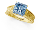 Yellow gold Fancy Blue Princess  Cut Solitaire Engraved Band with Four-Prong Setting_77