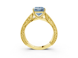 Yellow gold Fancy Blue Princess  Cut Solitaire Engraved Band with Four-Prong Setting_79