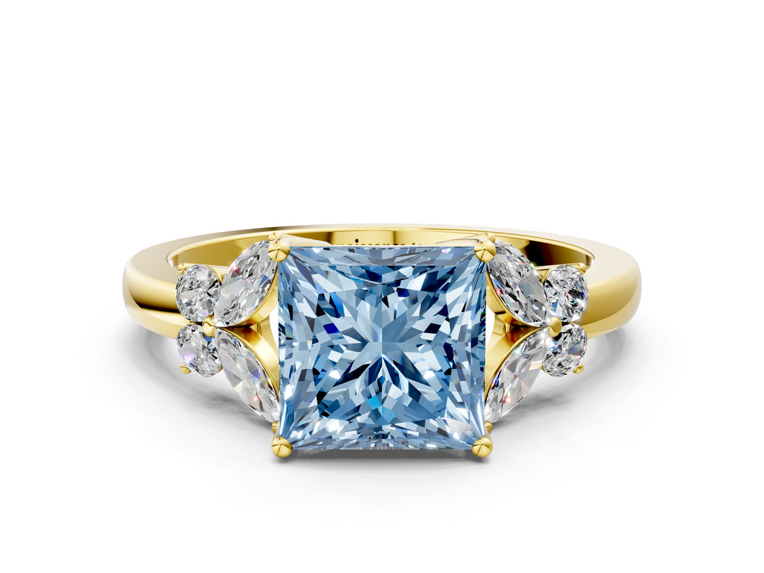 Yellow gold Fancy Blue Princess  Cut Solitaire Floral Diamond Ring with Four-Prong Setting_37