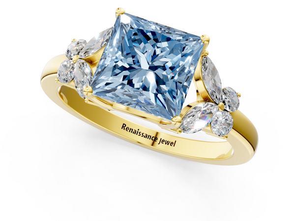 Yellow gold Fancy Blue Princess  Cut Solitaire Floral Diamond Ring with Four-Prong Setting