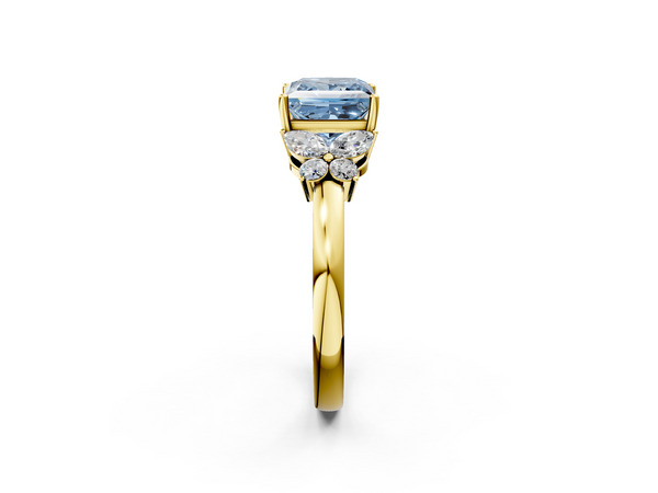 Yellow gold Fancy Blue Princess  Cut Solitaire Floral Diamond Ring with Four-Prong Setting