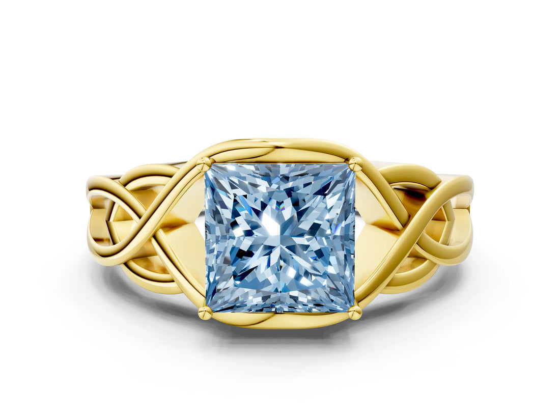 Yellow gold Fancy Blue Princess Cut Solitaire Intertwined Band Prong Setting Ring