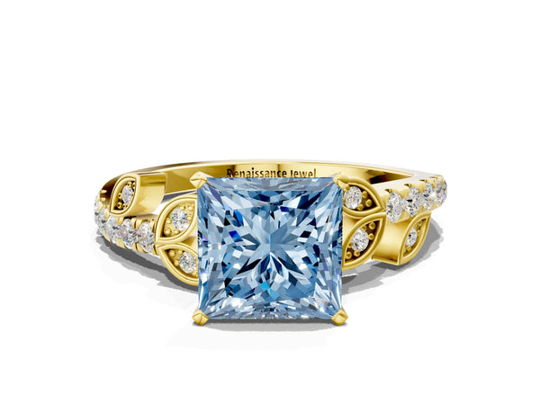 Yellow gold Fancy Blue Princess Cut Solitaire Leaf-Inspired Diamond Ring with Pavé Band and Four-Prong Setting