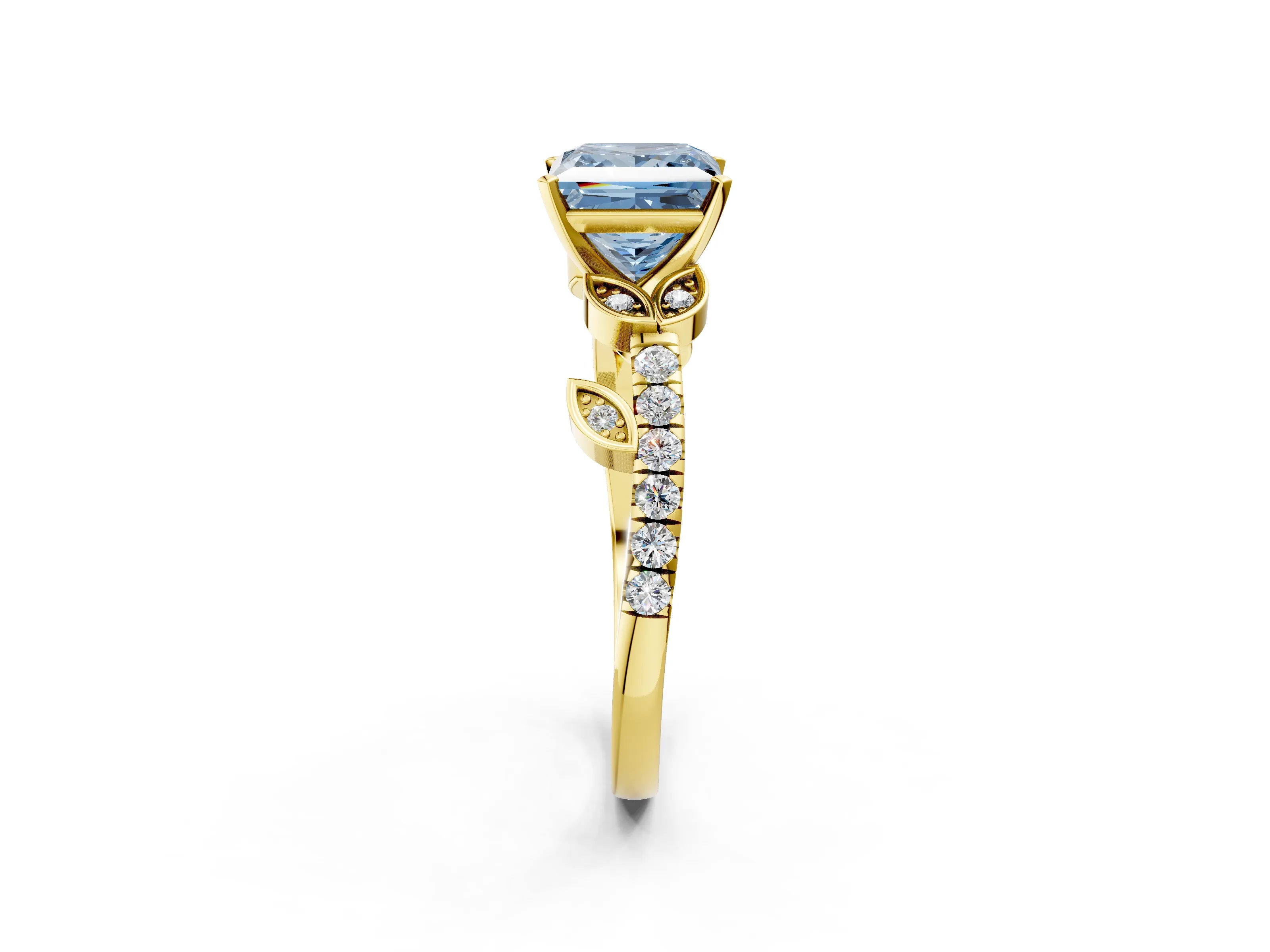 Yellow gold Fancy Blue Princess Cut Solitaire Leaf-Inspired Diamond Ring with Pavé Band and Four-Prong Setting_2