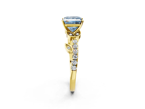 Yellow gold Fancy Blue Princess Cut Solitaire Leaf-Inspired Diamond Ring with Pavé Band and Four-Prong Setting