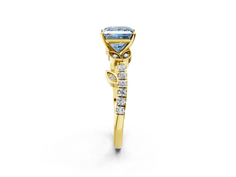 Yellow gold Fancy Blue Princess Cut Solitaire Leaf-Inspired Diamond Ring with Pavé Band and Four-Prong Setting_2