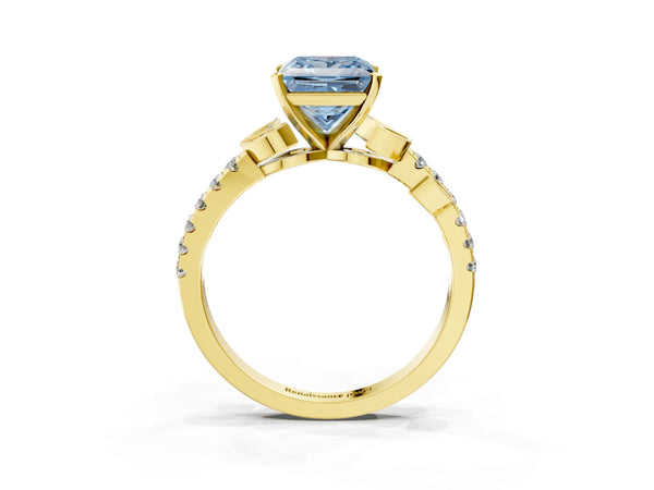 Yellow gold Fancy Blue Princess Cut Solitaire Leaf-Inspired Diamond Ring with Pavé Band and Four-Prong Setting