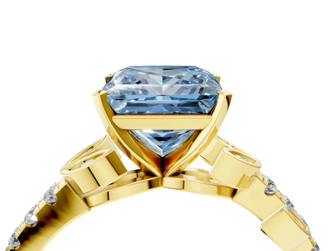 Yellow gold Fancy Blue Princess Cut Solitaire Leaf-Inspired Diamond Ring with Pavé Band and Four-Prong Setting_4
