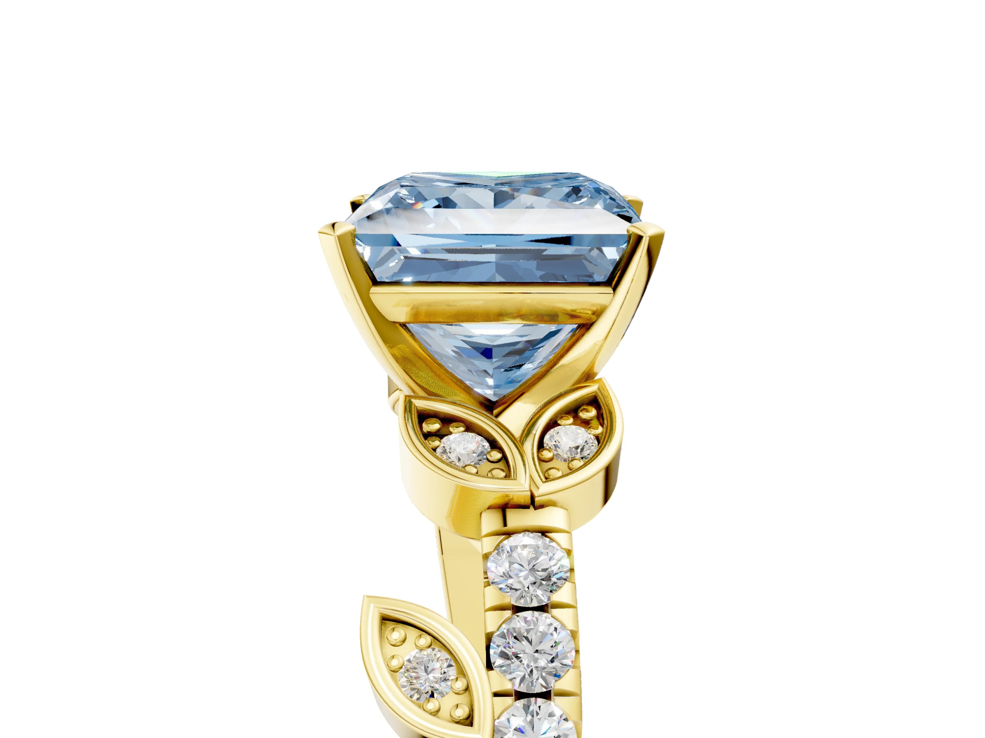 Yellow gold Fancy Blue Princess Cut Solitaire Leaf-Inspired Diamond Ring with Pavé Band and Four-Prong Setting_5