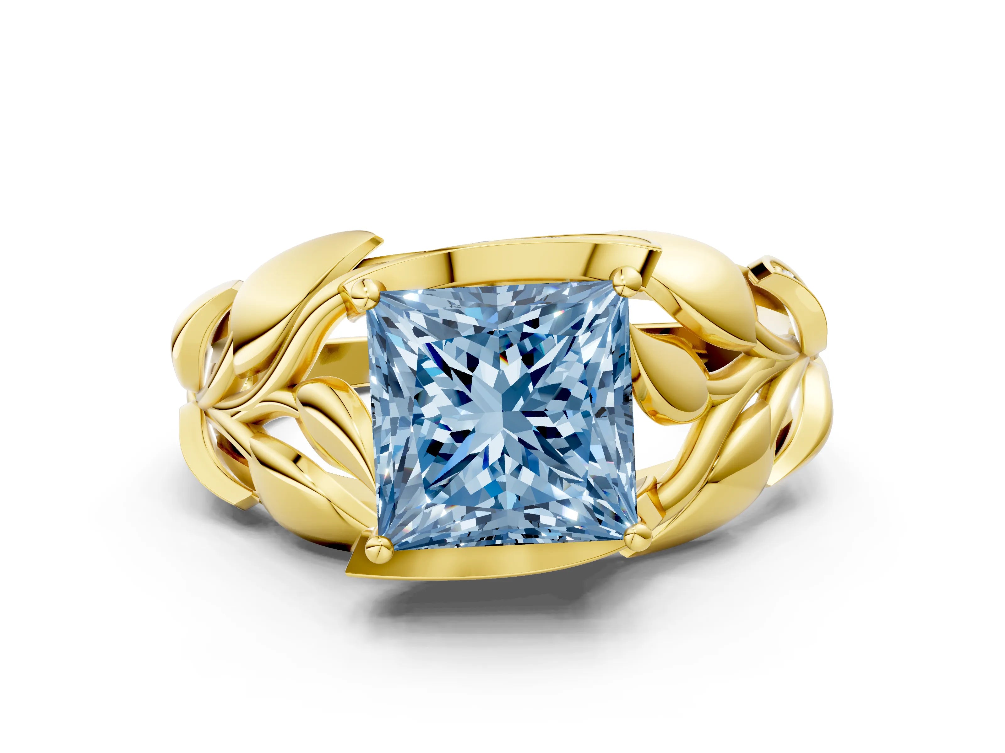 Yellow gold Fancy Blue Princess Cut Solitaire Leaf-Inspired Engagement Ring with Prong Setting