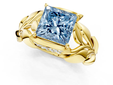 Yellow gold Fancy Blue Princess Cut Solitaire Leaf-Inspired Engagement Ring with Prong Setting_1