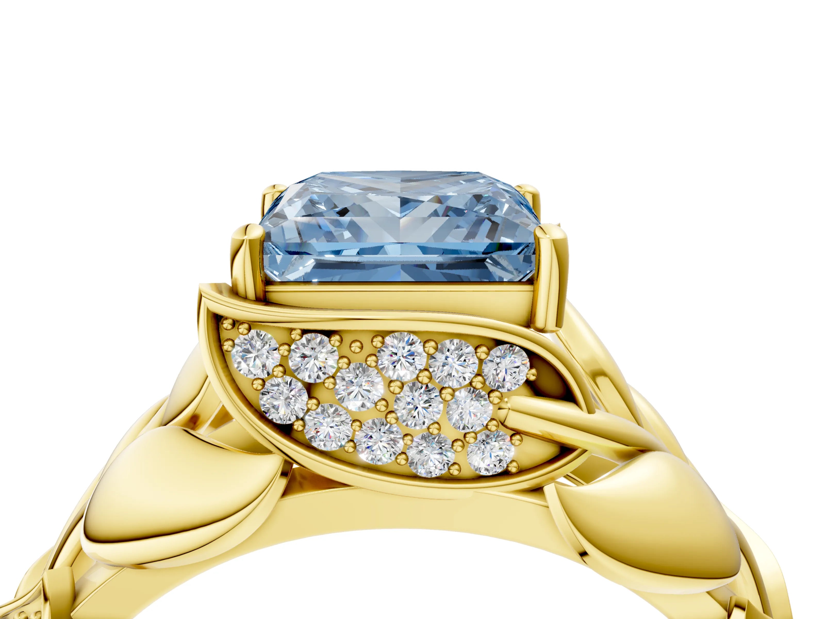 Yellow gold Fancy Blue Princess Cut Solitaire Leaf-Inspired Engagement Ring with Prong Setting_4