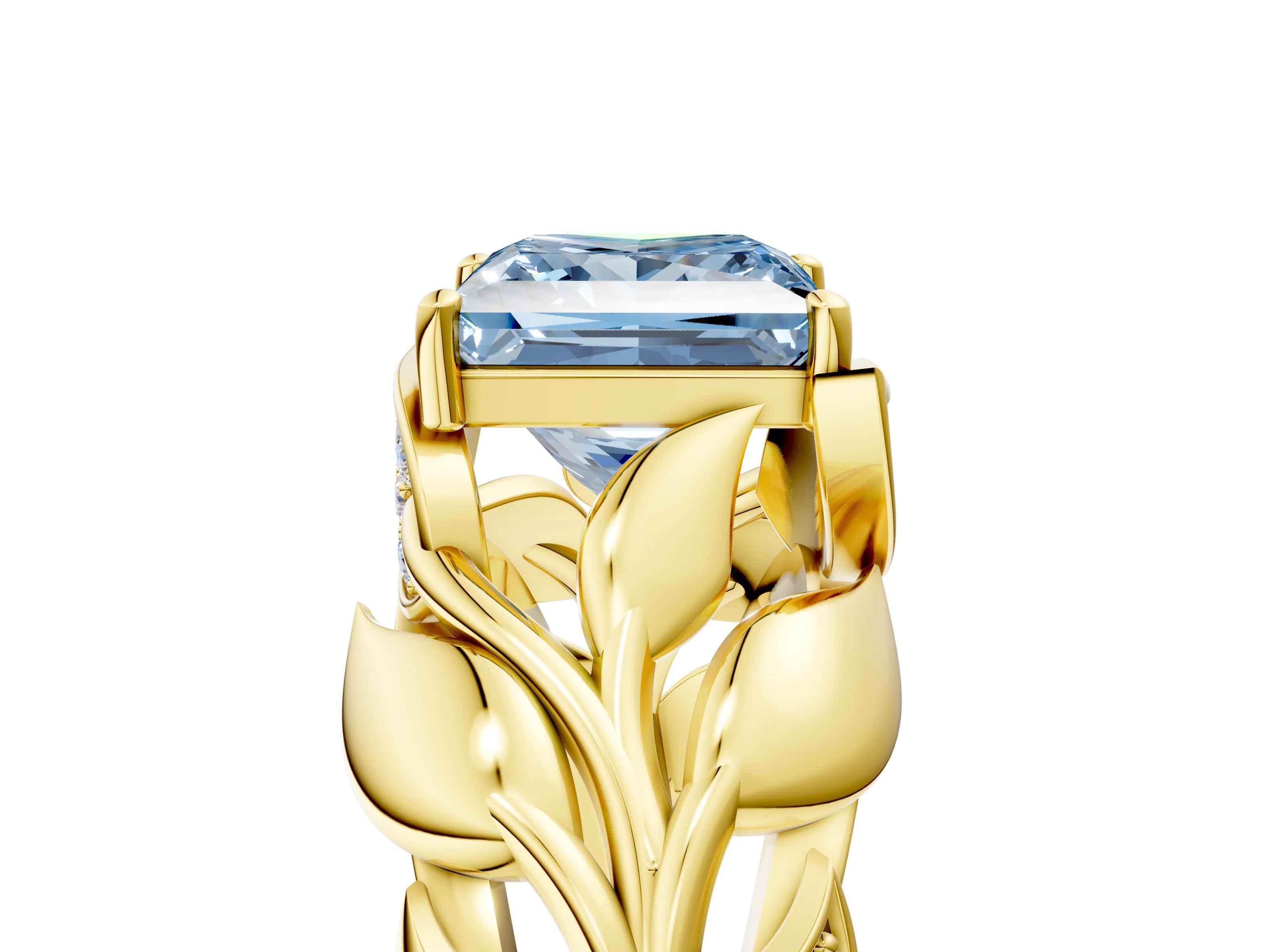 Yellow gold Fancy Blue Princess Cut Solitaire Leaf-Inspired Engagement Ring with Prong Setting_5