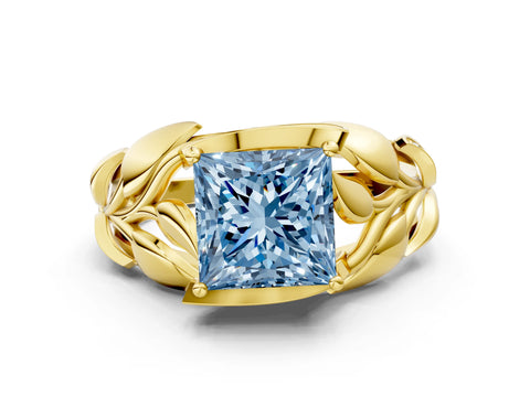 Yellow gold Fancy Blue Princess Cut Solitaire Leaf-Inspired Engagement Ring with Prong Setting