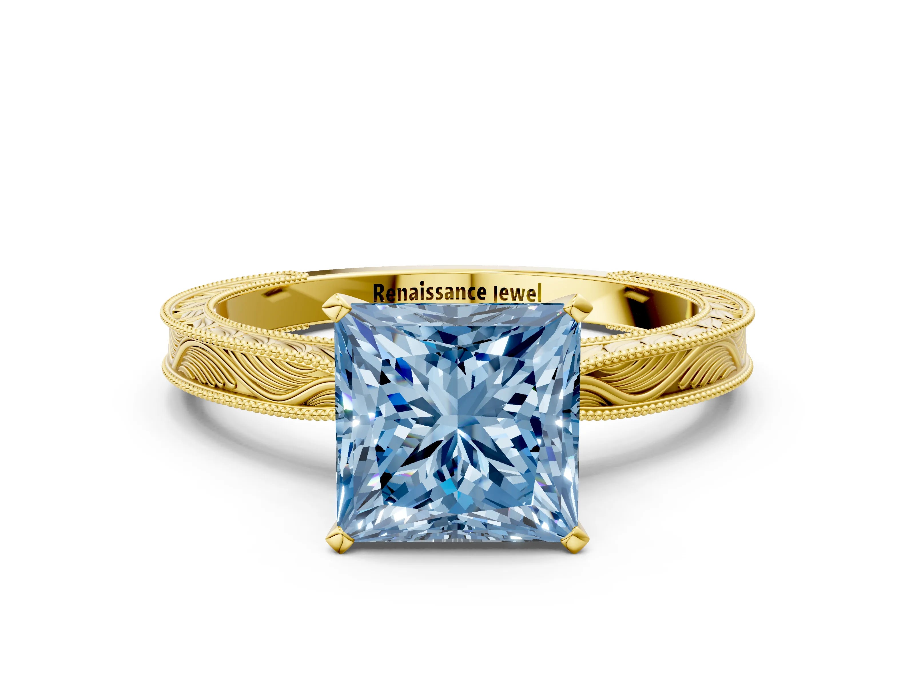 Yellow gold Fancy Blue Princess Cut Solitaire Milgrain Engraved Band with Four-Prong Setting