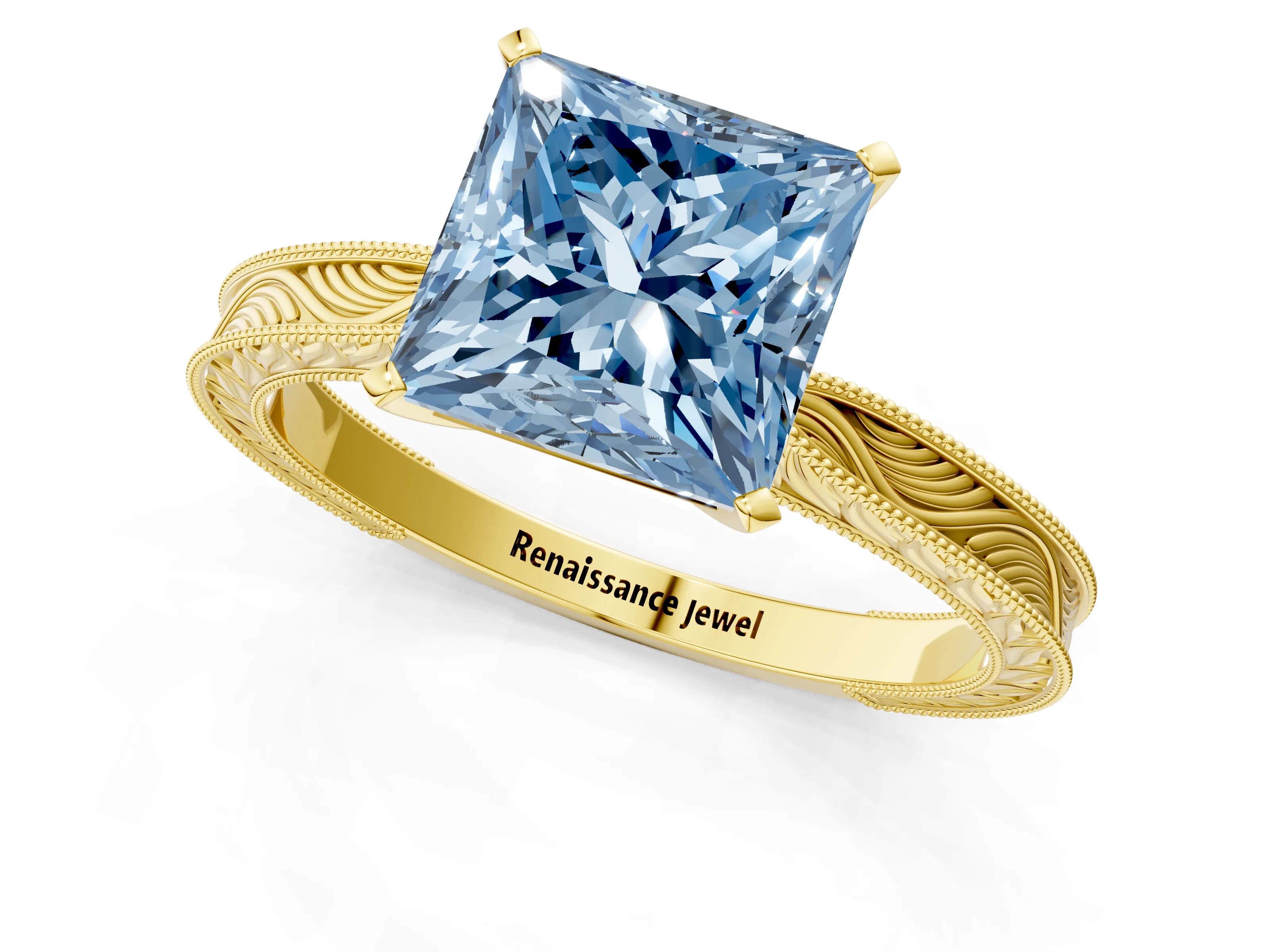 Yellow gold Fancy Blue Princess Cut Solitaire Milgrain Engraved Band with Four-Prong Setting_1