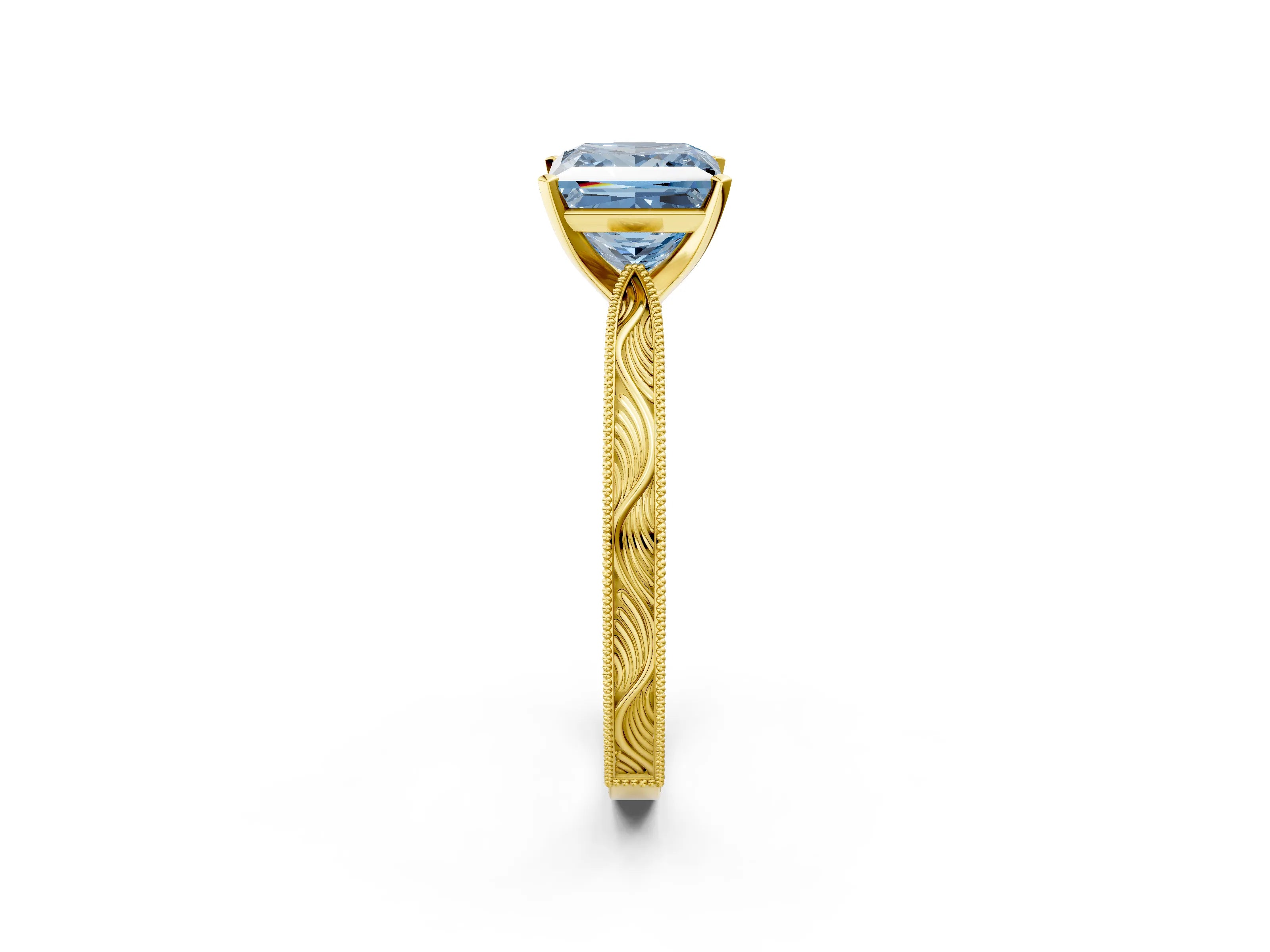 Yellow gold Fancy Blue Princess Cut Solitaire Milgrain Engraved Band with Four-Prong Setting_2
