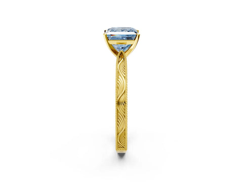 Yellow gold Fancy Blue Princess Cut Solitaire Milgrain Engraved Band with Four-Prong Setting_2