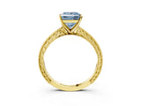 Yellow gold Fancy Blue Princess Cut Solitaire Milgrain Engraved Band with Four-Prong Setting_3