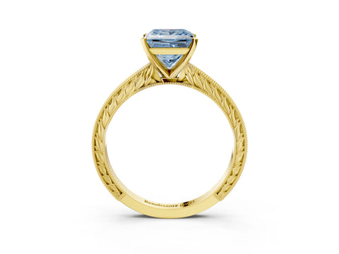 Yellow gold Fancy Blue Princess Cut Solitaire Milgrain Engraved Band with Four-Prong Setting_3