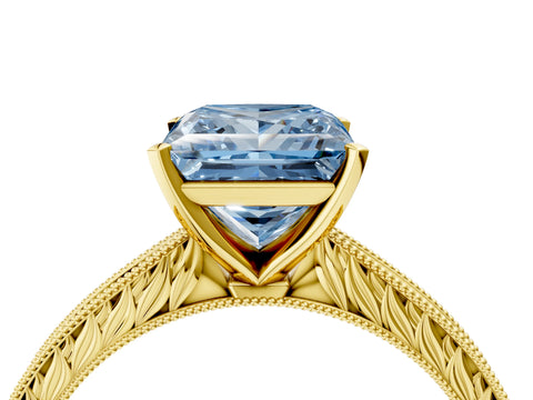 Yellow gold Fancy Blue Princess Cut Solitaire Milgrain Engraved Band with Four-Prong Setting_4