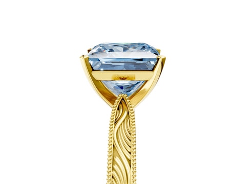 Yellow gold Fancy Blue Princess Cut Solitaire Milgrain Engraved Band with Four-Prong Setting_5